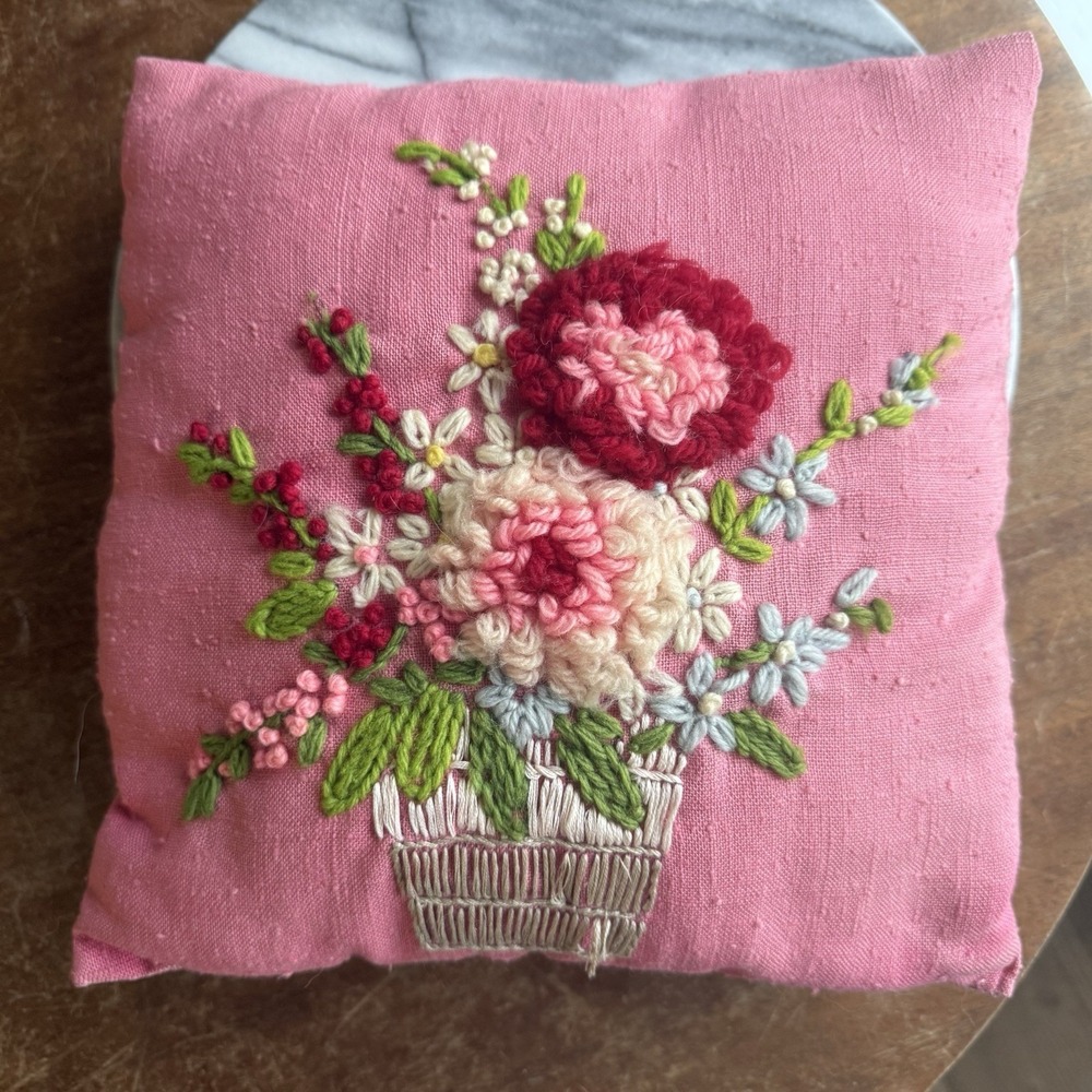Pink Linen Texture Handmade Pillow Yarn Floral Embroidery Granny Chic Blue Red